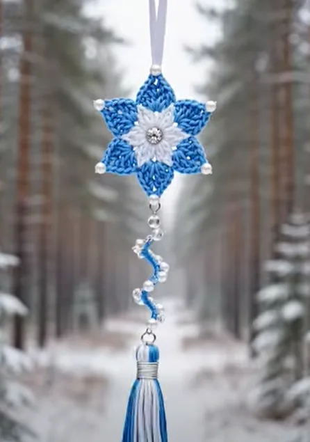 Ice Blue Snowflake, Spiral & Bell Tassel Ornament