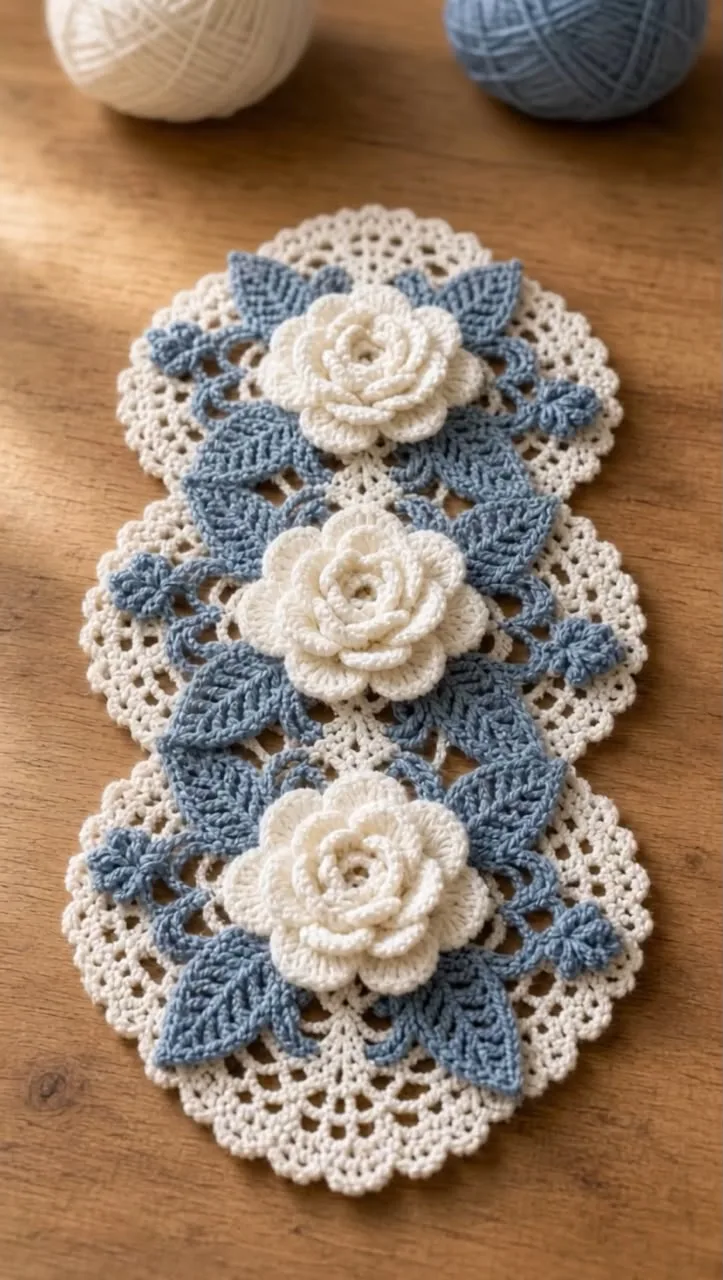 Ivory Rose & Dusty Blue Lace Table Runner 🌹🤍