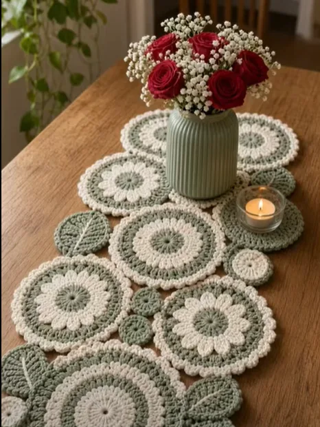 Sage & Cream Floral Crochet Table Runner Pattern