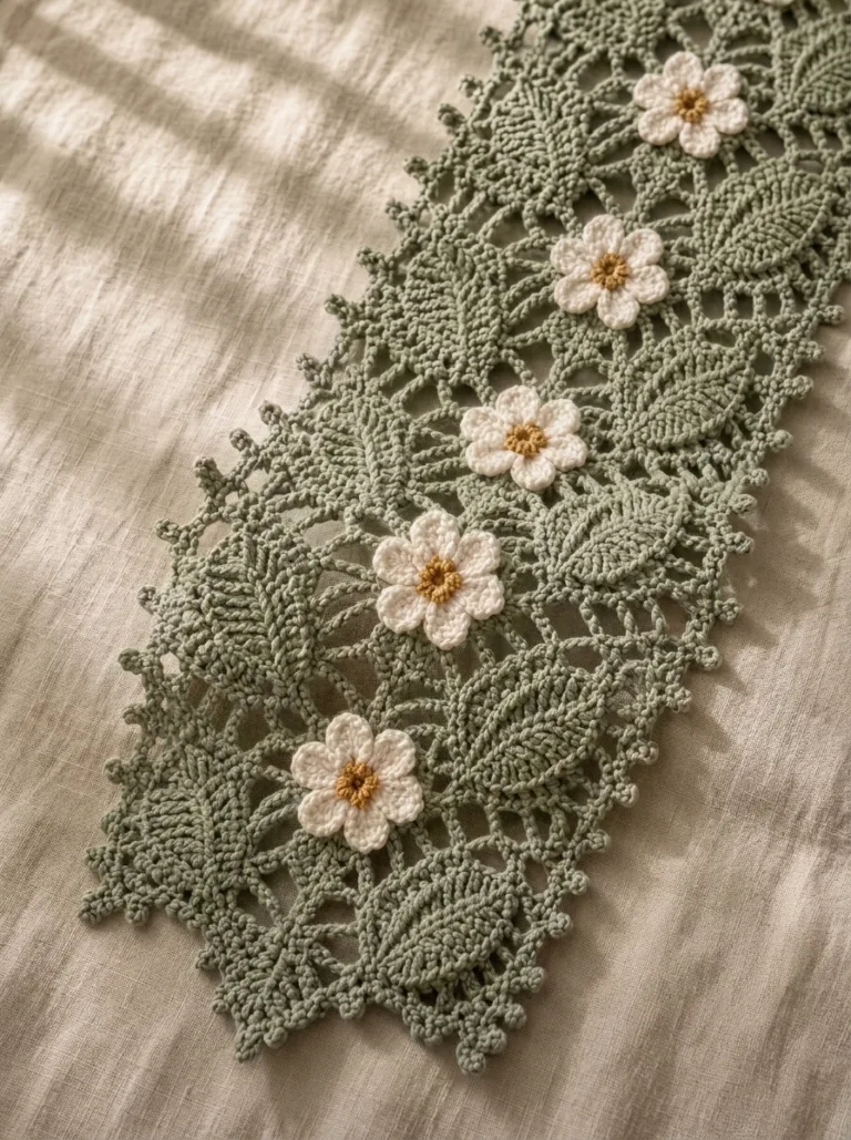 Cottagecore Sage Leaf & Daisy Lace Table Runner