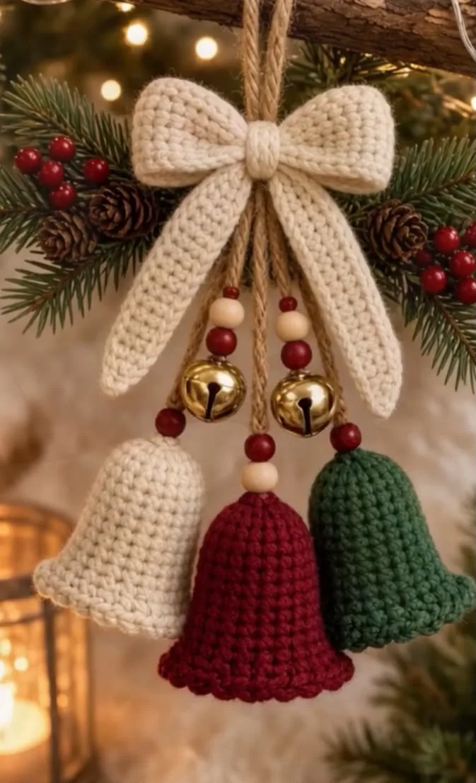 Bow & Bells Trio Ornament — Cream, Burgundy & Forest Green 🎄🔔